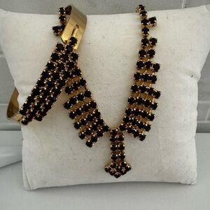 Vintage Bohemian necklace bracelet Czech set garnet rhinestone glass